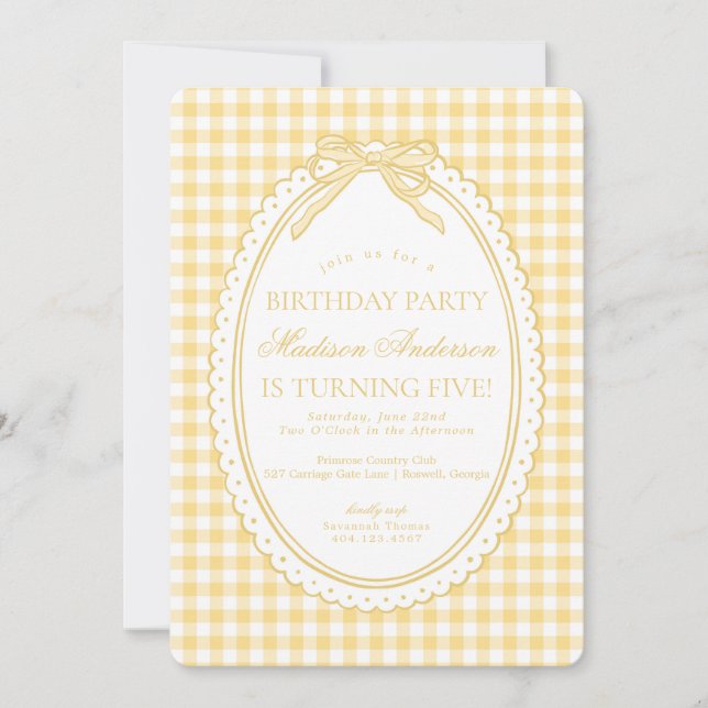 Yellow Gingham Coquette Bow Birthday Party Invitation (Front)