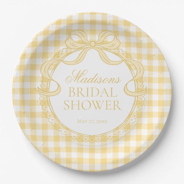 Yellow Gingham Coquette Bow Bridal Shower Paper Plate (Front)