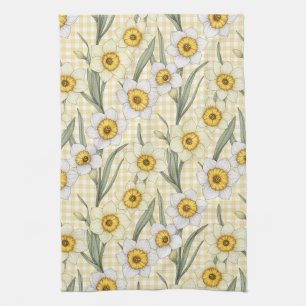 Yellow Gingham Daffodil Botanical Floral Pattern Kitchen Towel