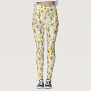 Yellow Gingham Daffodil Botanical Floral Pattern Leggings
