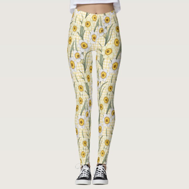 Yellow Gingham Daffodil Botanical Floral Pattern Leggings (Front)