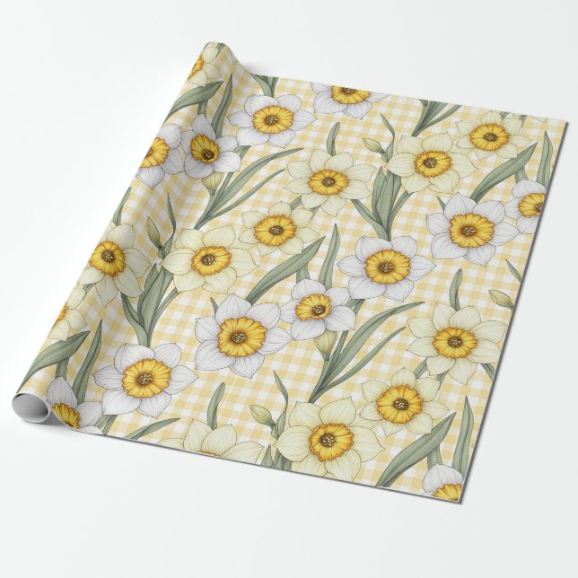 Yellow Gingham Daffodil Botanical Floral Pattern Wrapping Paper (Unrolled)
