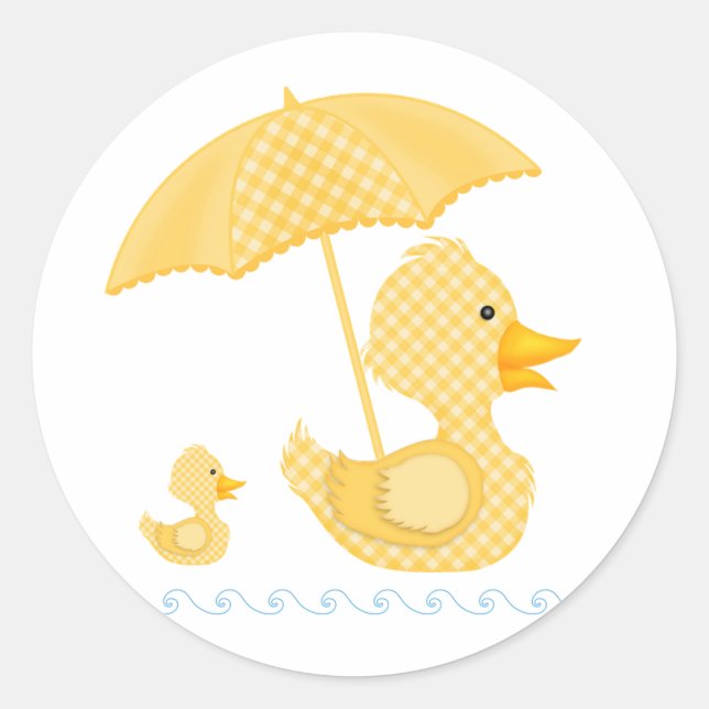 Yellow Gingham Duck, Baby Shower Classic Round Sticker (Front)