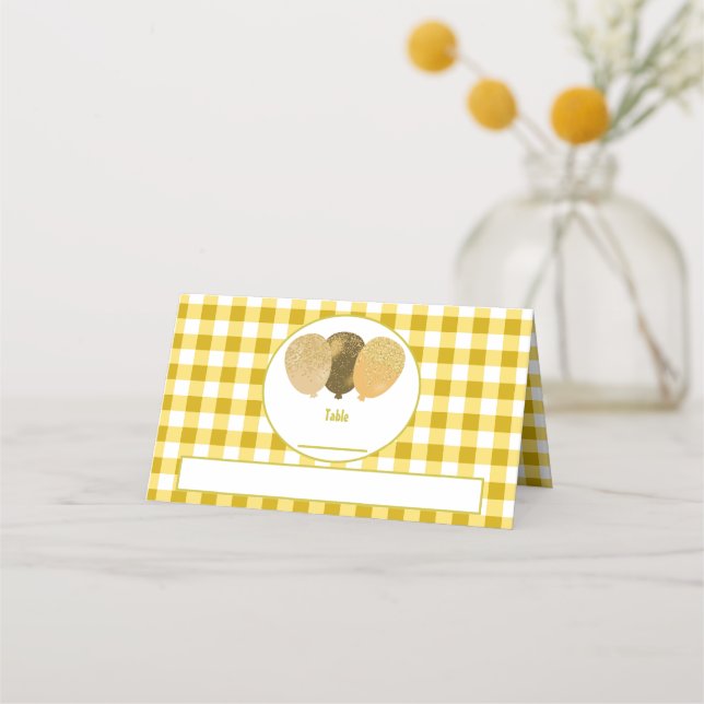 Yellow Gingham Glitter Balloons Folded Table  Place Card (Front)