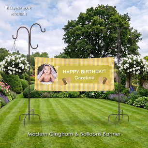 Yellow Gingham Glitter Balloons Photo Birthday Banner