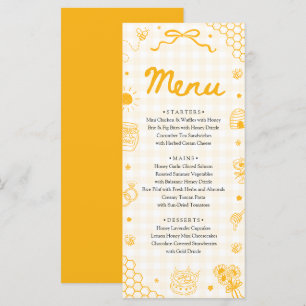 Yellow Gingham Hand Drawn Honey Bee Menu Card