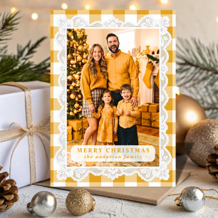 Yellow Gingham Lace Christmas Photo Holiday Card