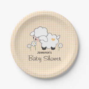 Yellow Gingham Lamb Baby Shower Paper Plate