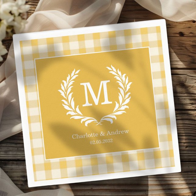 Yellow Gingham Monogram Crest Custom Napkin (Yellow Gingham Monogram Crest Custom Napkins with your Monogram, names and Date.)