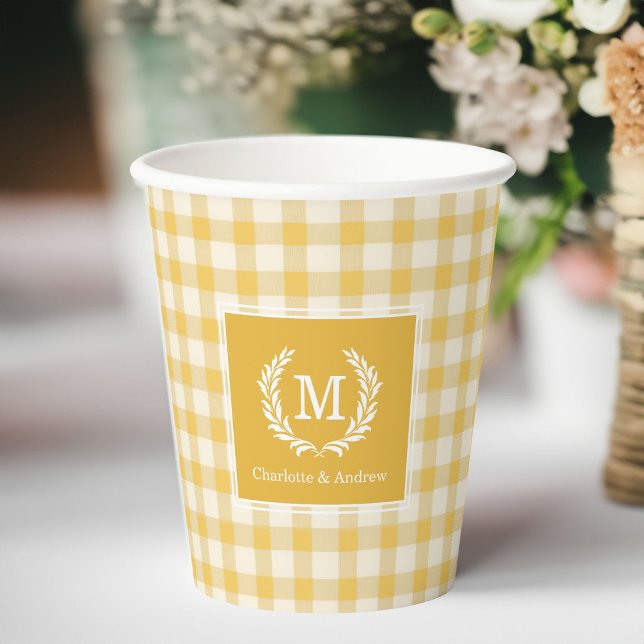 Yellow Gingham Monogram Crest Custom Paper Cups (Yellow Gingham Monogram Crest Custom Paper Cups with your Monogram & Name or Text.)