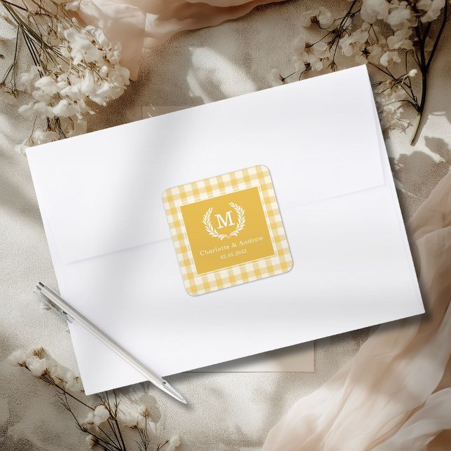 Yellow Gingham Monogram Crest Custom Square Sticker (Yellow Gingham Monogram Crest Custom Square Sticker)