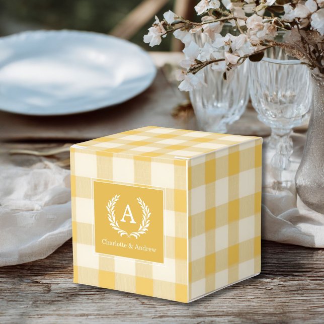 Yellow Gingham Monogram Crest Favor Box (Custom Yellow Gingham Monogram Crest Favor Boxes for your wedding or other Occasions.)