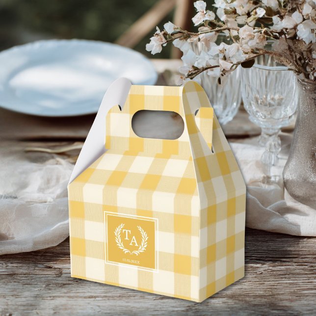 Yellow Gingham Monogram Crest Favor Box (Custom Monogram Yellow Gingham Monogram Crest Favor Boxes for your wedding or other Occasions.)