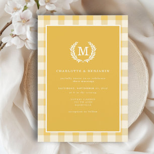 Yellow Gingham Monogram Crest  Invitation