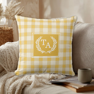 Yellow Gingham Monogram Crest Throw Pillow