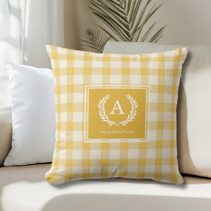 Yellow Gingham Monogram Crest Throw Pillow
