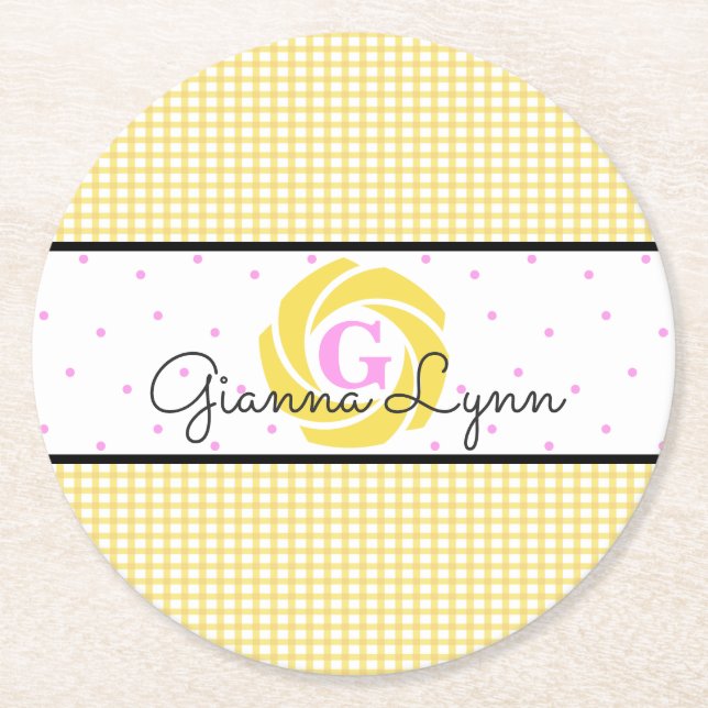 Yellow Gingham Monogrammed Round Paper Coaster (Front)