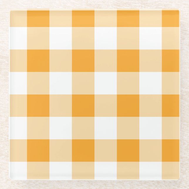 Yellow Gingham Pattern Glass Coaster (Front)