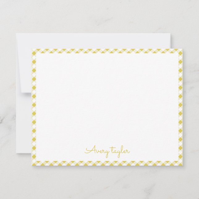 Yellow gingham pattern personalized Stationery Card (Front)