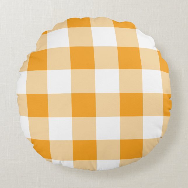 Yellow Gingham Pattern Round Pillow (Front)