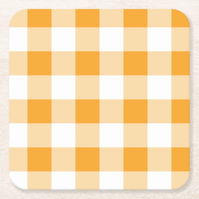 Yellow Gingham Pattern Square Paper Coaster (Front)
