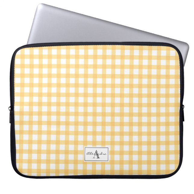 Yellow Gingham Plaid Checked Pattern Monogram Laptop Sleeve (Front)