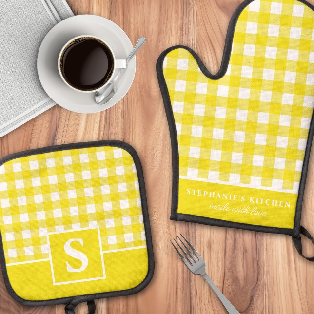 Yellow Gingham Plaid Chequered Monogrammed Oven Mitt & Pot Holder Set (Creator Uploaded)