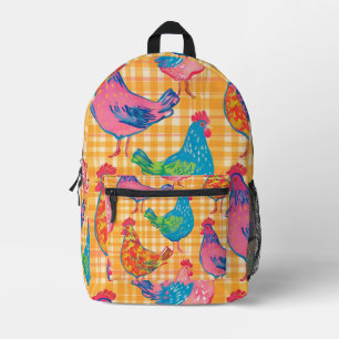 Yellow Gingham Print With Multicolored Chickens Printed Backpack