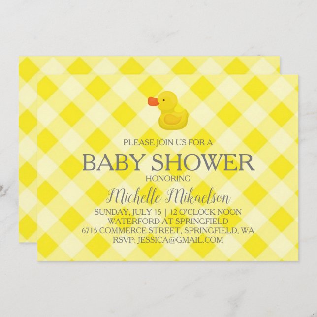 Yellow Gingham Rubber Duckie Baby Shower Invitation (Front/Back)
