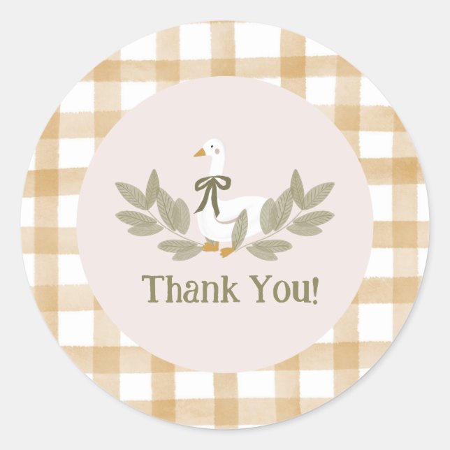 Yellow Gingham Silly Goose Birthday Party  Classic Round Sticker (Front)