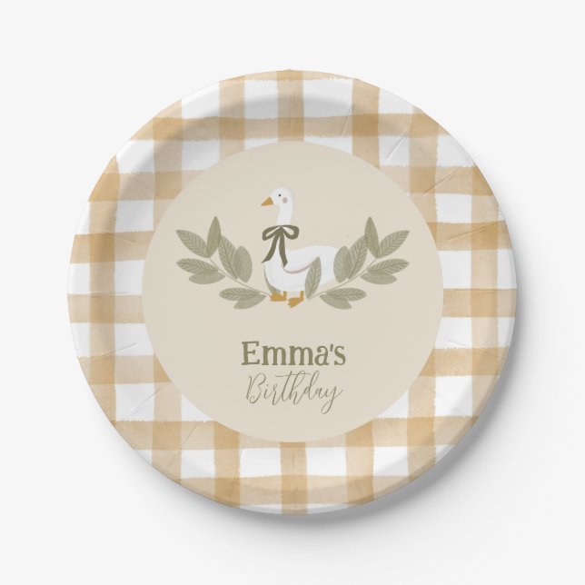 Yellow Gingham Silly Goose Birthday Party Paper Plate (Front)