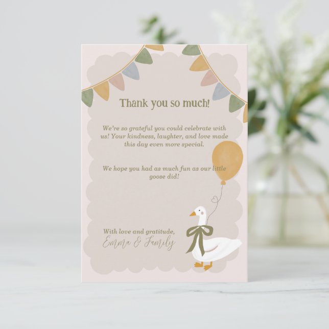 Yellow Gingham Silly Goose with Balloon Birthday Thank You Card (Standing Front)