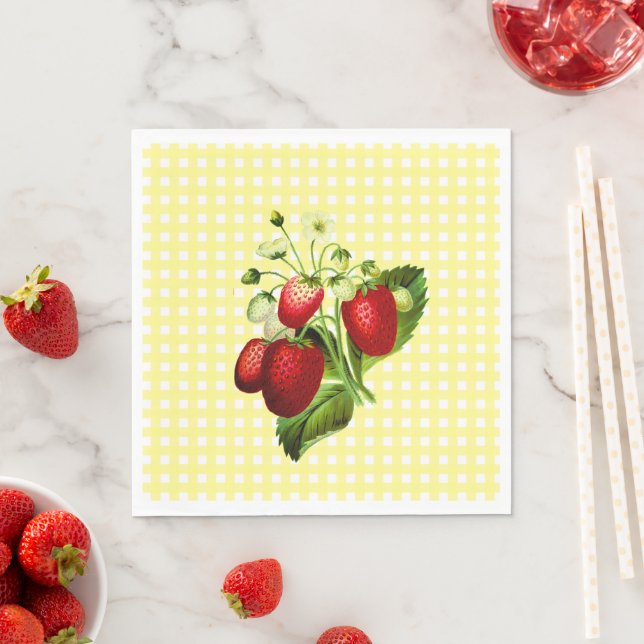 Yellow Gingham & Strawberries Lunch Paper Napkin (Insitu)