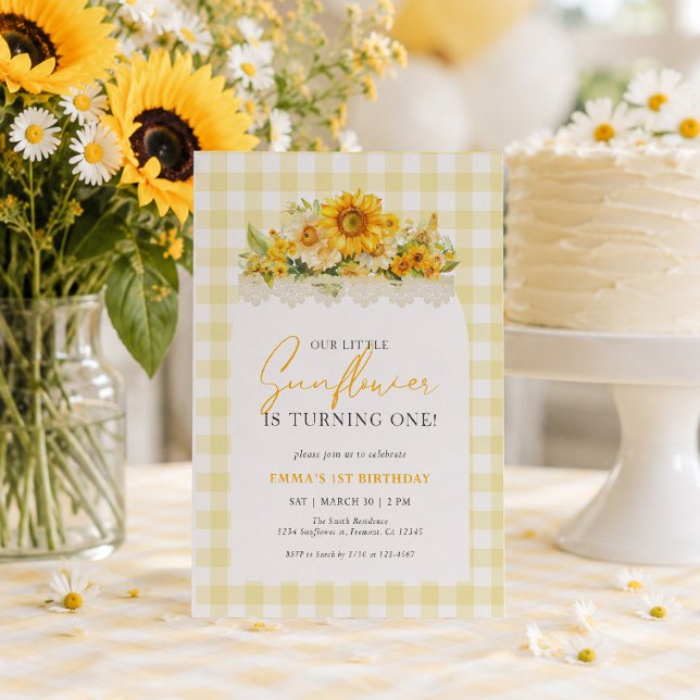 Yellow Gingham Sunflower 1st Birthday Invitation (Creator Uploaded)