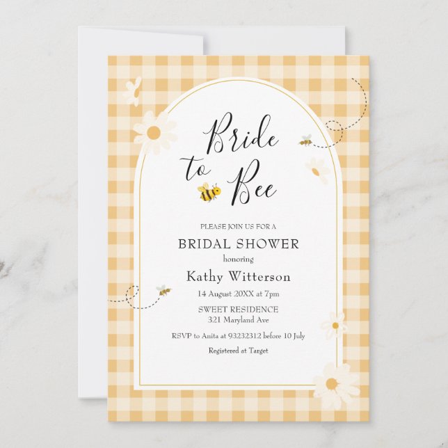 Yellow Gingham Wildflower Bride to Bee Bridal Invitation (Front)