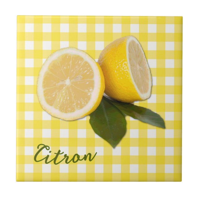 Yellow Gingham with Fresh Lemons Citrus Citron  Tile (Front)
