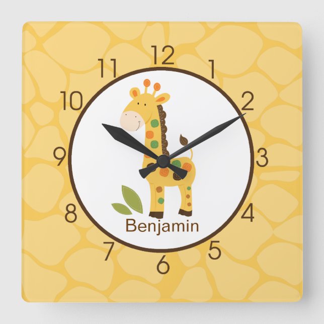 Yellow Giraffe Print Personalized Nursery Clock (Front)