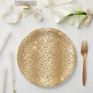 Yellow Glam Gold Glitter Leopard  Paper Plate
