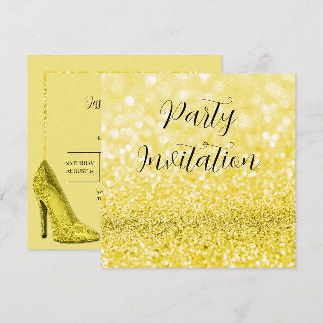 Yellow Glitter Bokeh & Stilettos Birthday Invitation (Front/Back)
