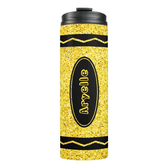 Yellow Glitter Crayon Custom Name Beverage Tumbler (Front)