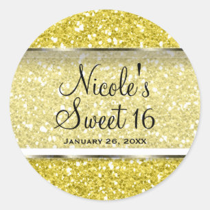 Yellow Glitter Glam Sweet 16 Custom Party Favour Classic Round Sticker
