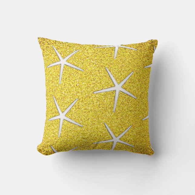 Yellow Glitter Gold Sparkle Starfish Patterns Cute Outdoor Pillow (Front)