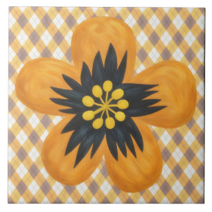 Yellow Gold and Brown Flower Art Decorative Tile
