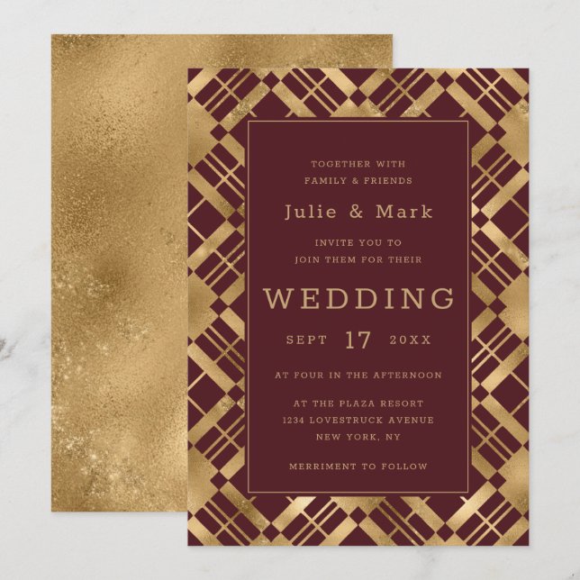 Yellow Gold & Any Colour Background Plaid Wedding Invitation (Front/Back)