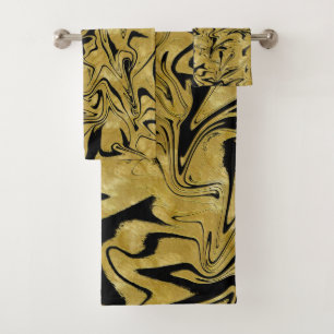 Yellow Gold & Black Elegant Glam Marble Swirl Bath Towel Set