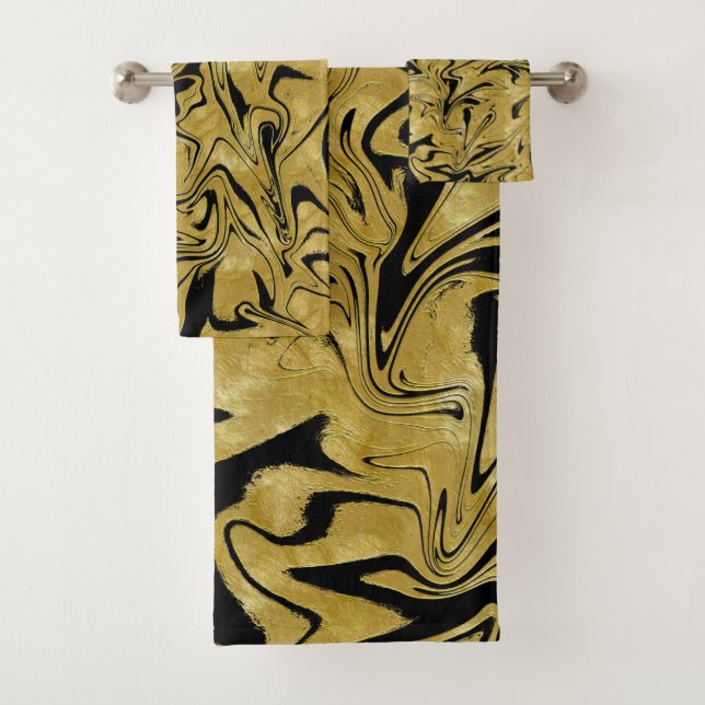 Yellow Gold & Black Elegant Glam Marble Swirl Bath Towel Set (Insitu)