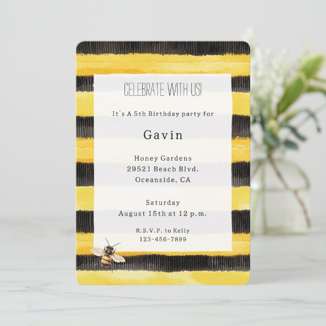 Yellow Gold Black Stripes Honey Bee Birthday Invitation (Standing Front)