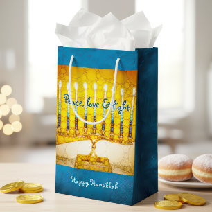 Yellow Gold Blue Hanukkah Menorah Peace Love Light Small Gift Bag
