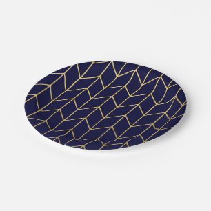 Yellow Gold Chevron Navy Blue Modern Chic Paper Plate