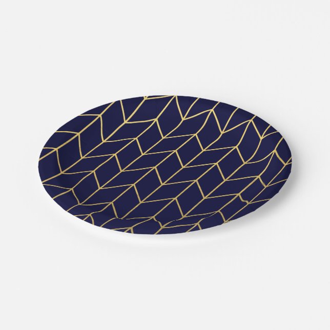 Yellow Gold Chevron Navy Blue Modern Chic Paper Plate (Angled)